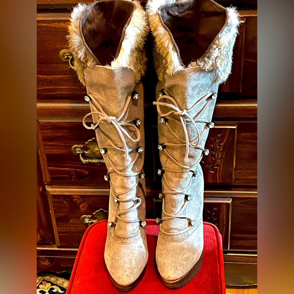 Hot sexy Lace Up rhinestone platform heels genuine suede/fur